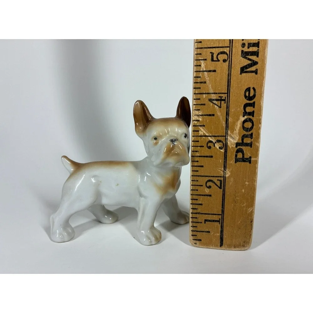 Vintage Japanese Porcelain French Bulldog Figurine White Brown Hand Painted